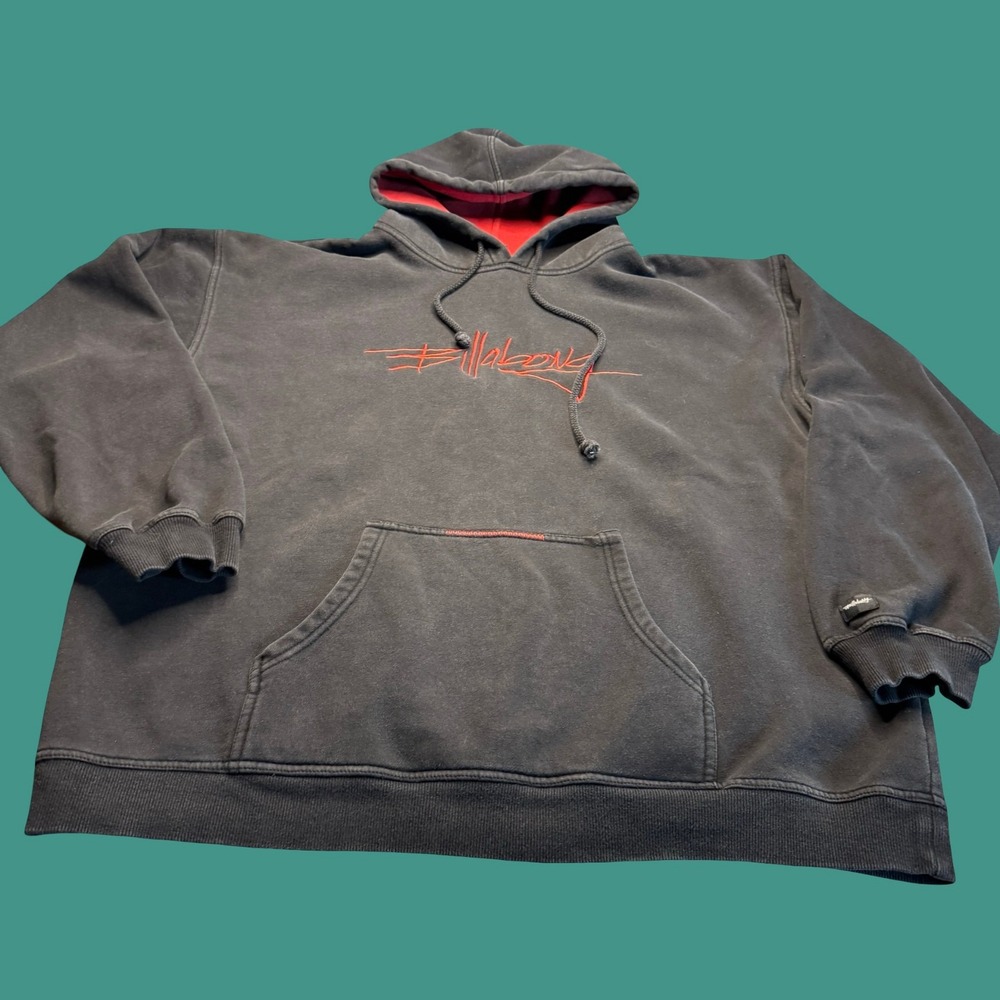 Billabong Hoodie XL Black Red Embroidered Logo Pullover Surf Skater Y2K Vintage